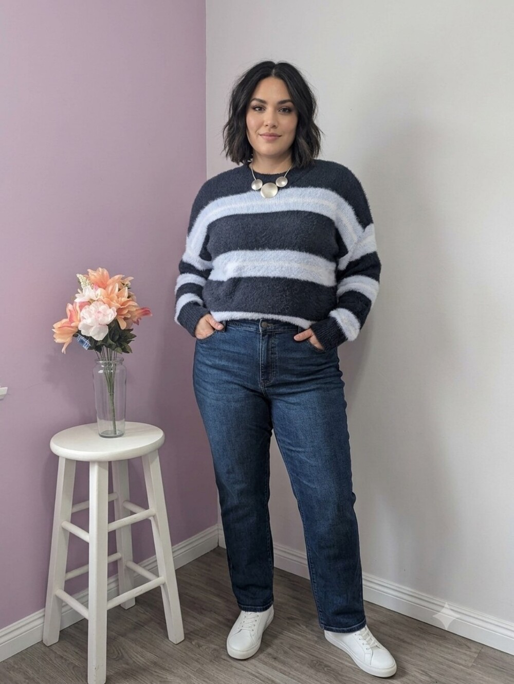 Cozy Fluffy Striped Knit Sweater  Size XL Used